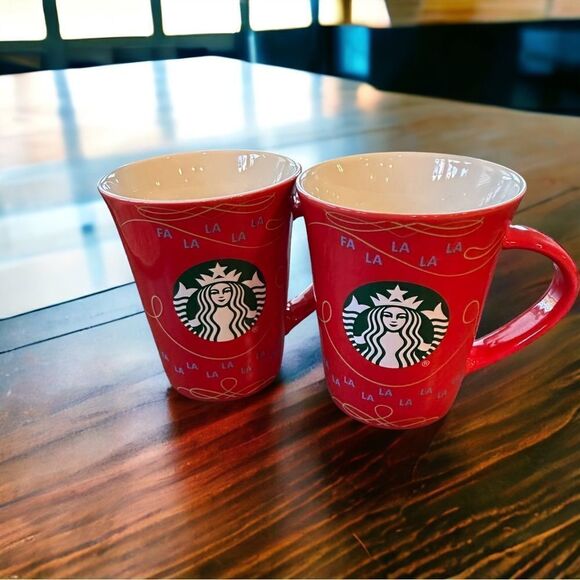 STARBUCKS Red Porcelain Holiday Mug Christmas Fa la la 10oz EUC 2020 set of 2 - Picture 8 of 9